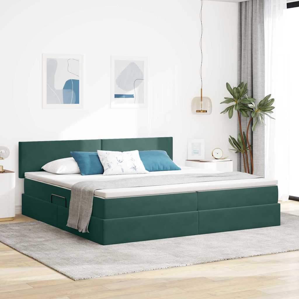 Tárolós Ágy fejtámlával Sötétzöld 200 x 200 cm Bársony