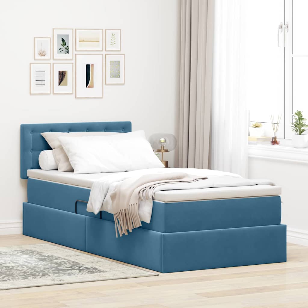 Tárolós Ágy matracmal fejtámlával Sötét kék 90 x 200 cm Bársony