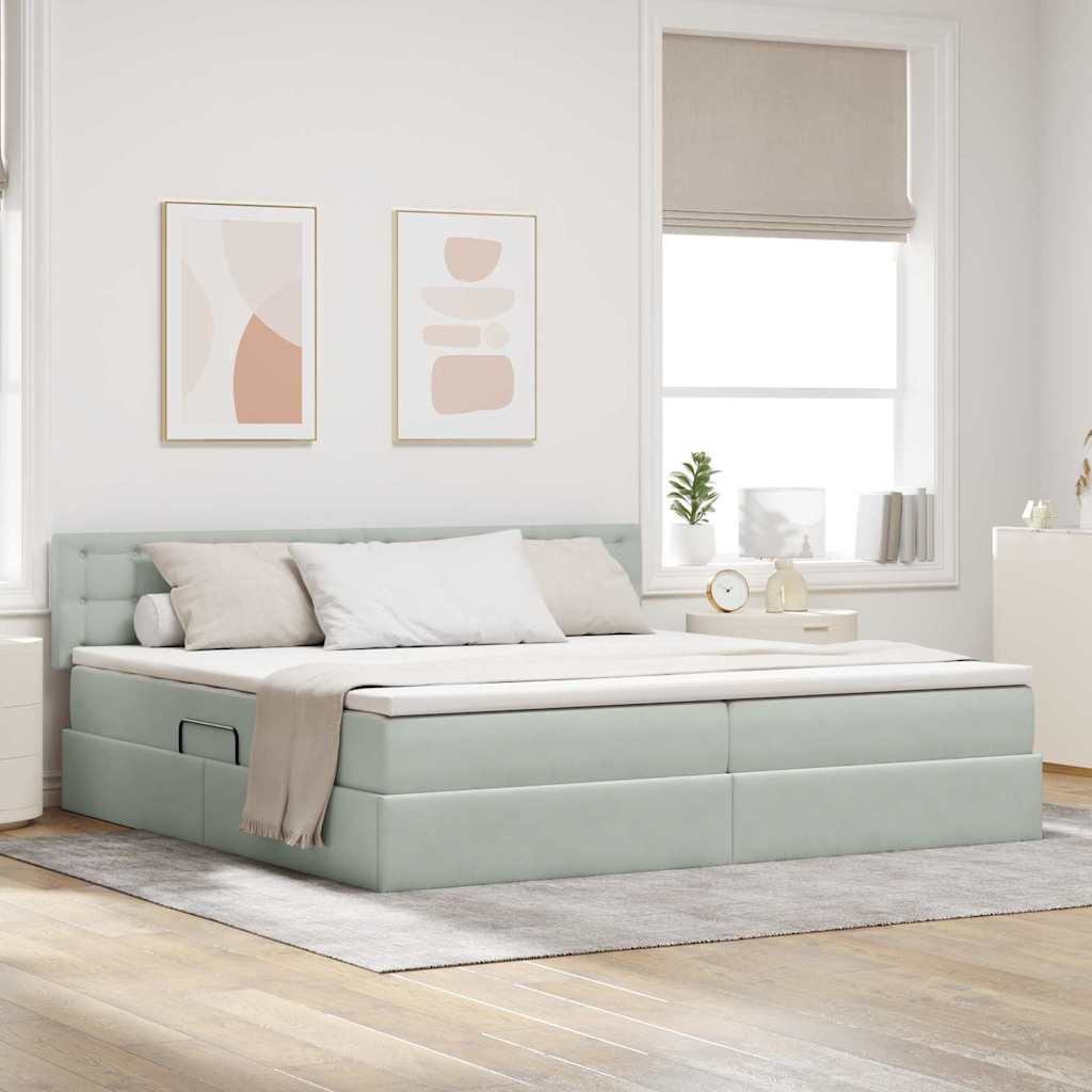 Tárolós Ágy fejtámlával Világosszürke 200 x 200 cm Bársony
