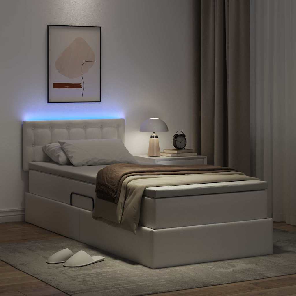 Ágy tárolóval és LED lámpával Tiszta Fehér 90 x 190 cm Műbőr
