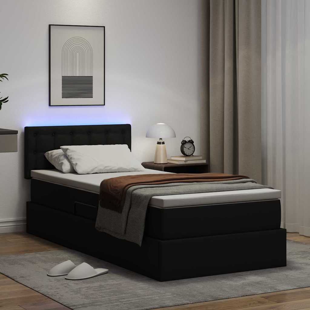 Ágy tárolóval és LED lámpával Fekete 100 x 200 cm Műbőr