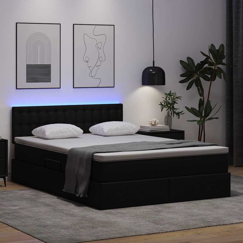 Ágy tárolóval és LED lámpával leddel Fekete 140 x 190 cm Műbőr