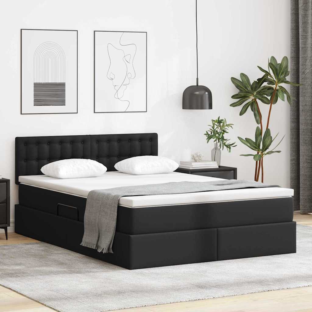 Ágy tárolóval és LED lámpával leddel Fekete 140 x 200 cm Műbőr