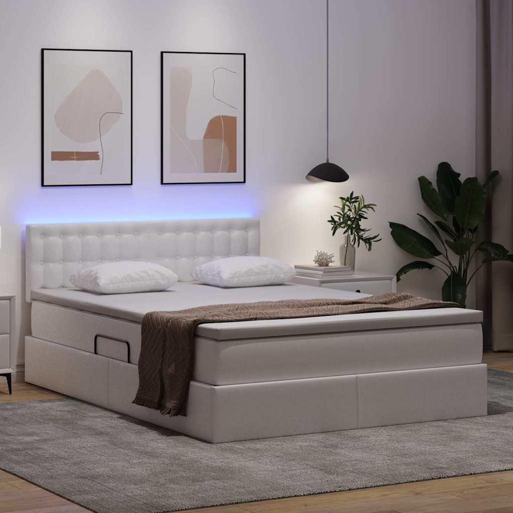Ágy tárolóval és LED lámpával Tiszta Fehér 140 x 200 cm Műbőr