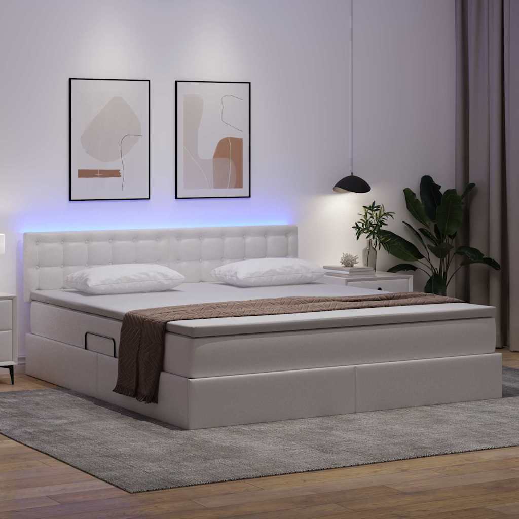 Ágy tárolóval és LED lámpával Tiszta Fehér 160 x 200 cm Műbőr