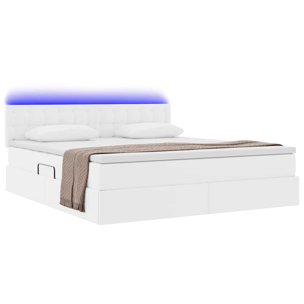 Ágy tárolóval és LED lámpával Tiszta Fehér 160 x 200 cm Műbőr