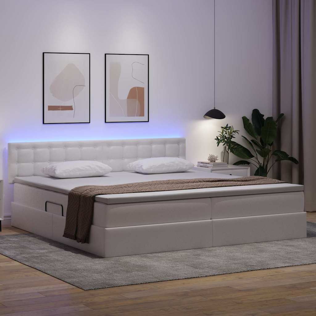 Ágy tárolóval és LED lámpával Világosszürke 200 x 200 cm Műbőr