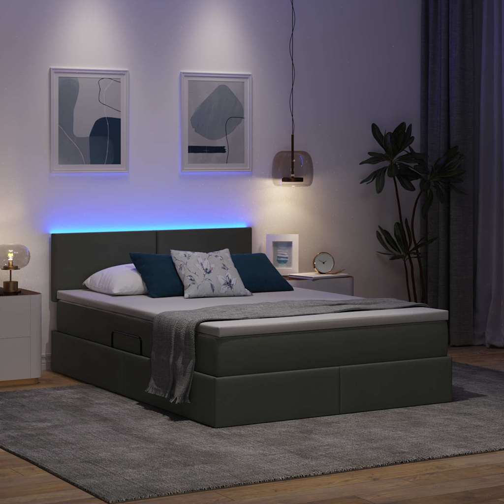 LED tárolós ágy matraccal Sötétszürke 140 x 190 cm Szövet