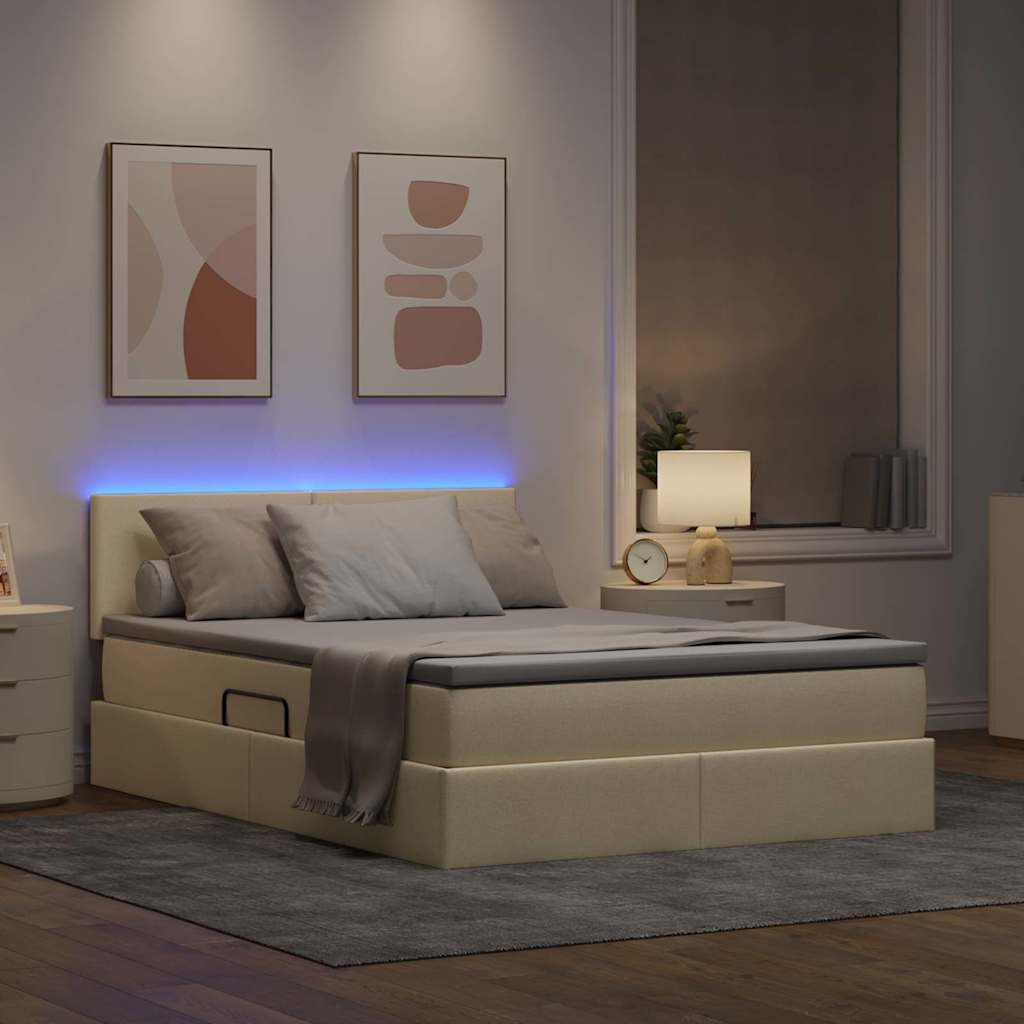 LED tárolós ágy matraccal Krém 140 x 190 cm Szövet
