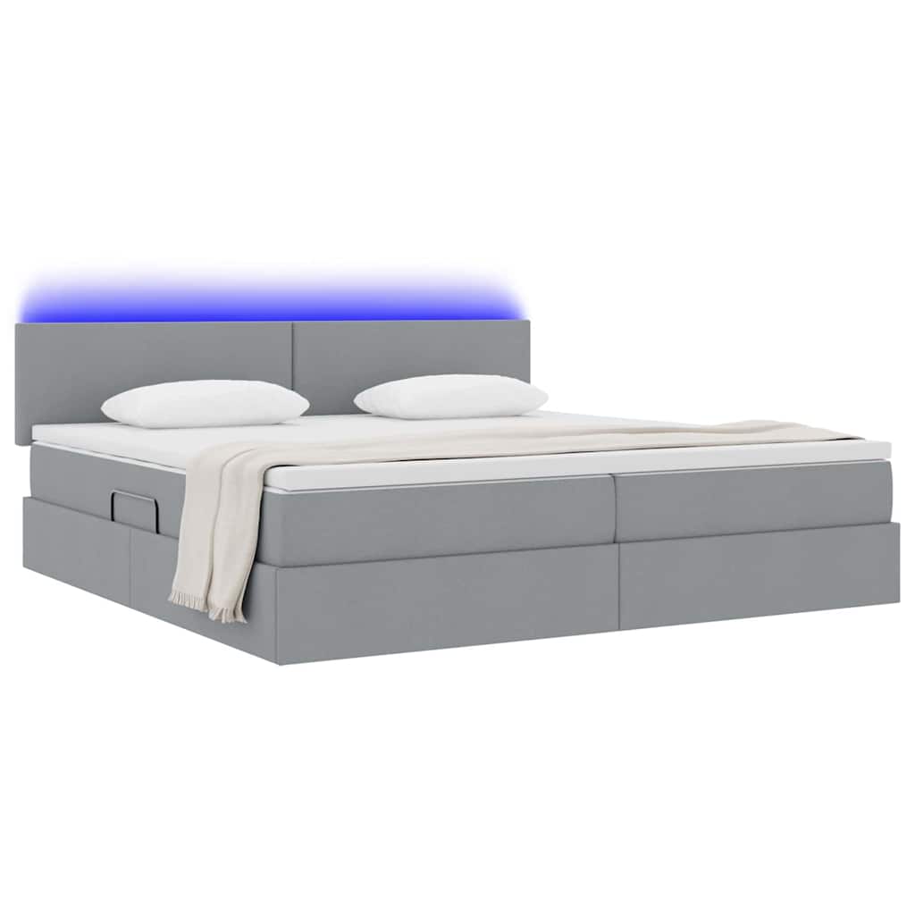 LED tárolós ágy matraccal Világosszürke 200 x 200 cm Szövet