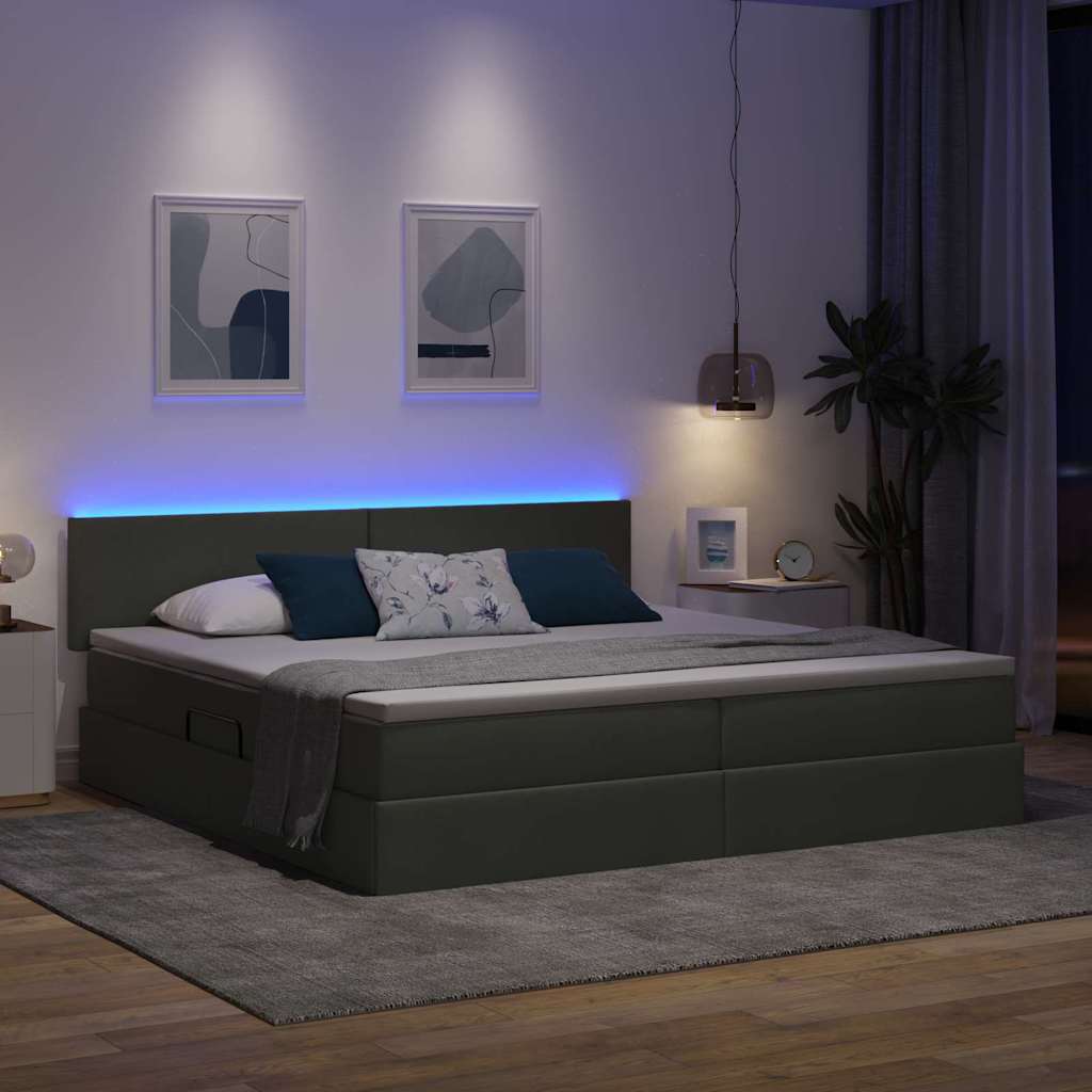 LED tárolós ágy matraccal Sötétszürke 200 x 200 cm Szövet