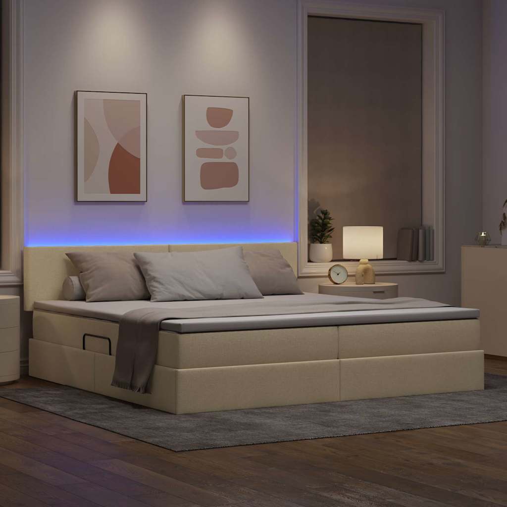 LED tárolós ágy matraccal Krém 200 x 200 cm Szövet