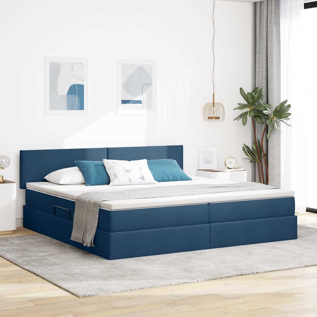 LED tárolós ágy matraccal Kék 200 x 200 cm Szövet