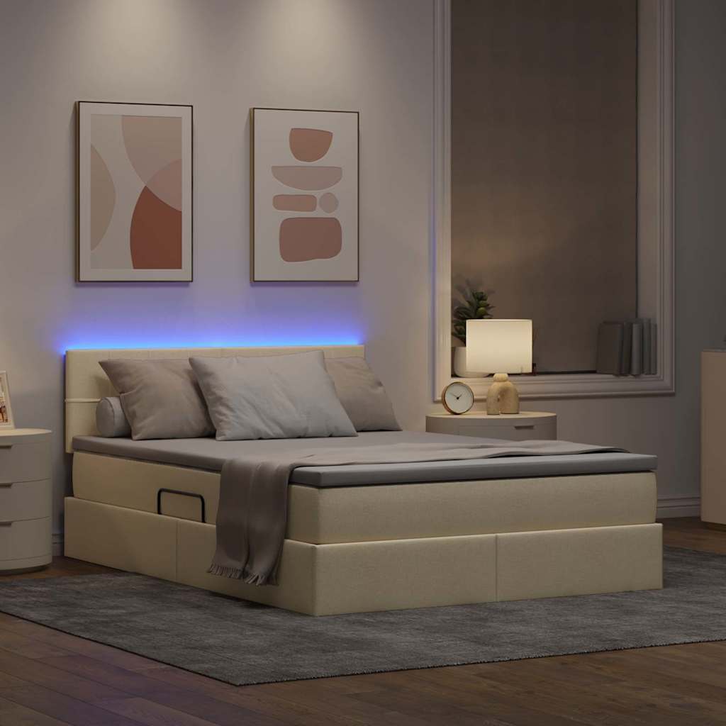 LED tárolós ágy matraccal Krém 140 x 190 cm Szövet