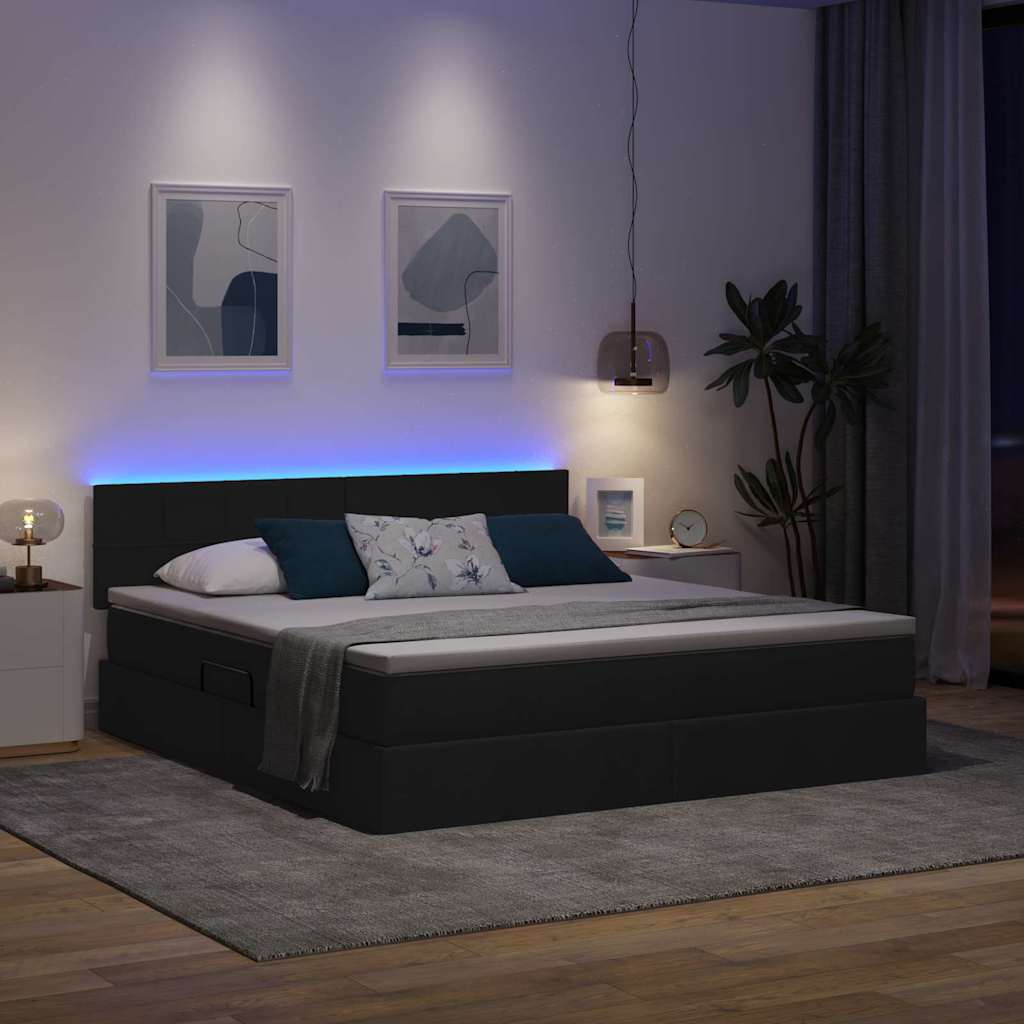LED tárolós ágy matraccal Fekete 180 x 200 cm Szövet
