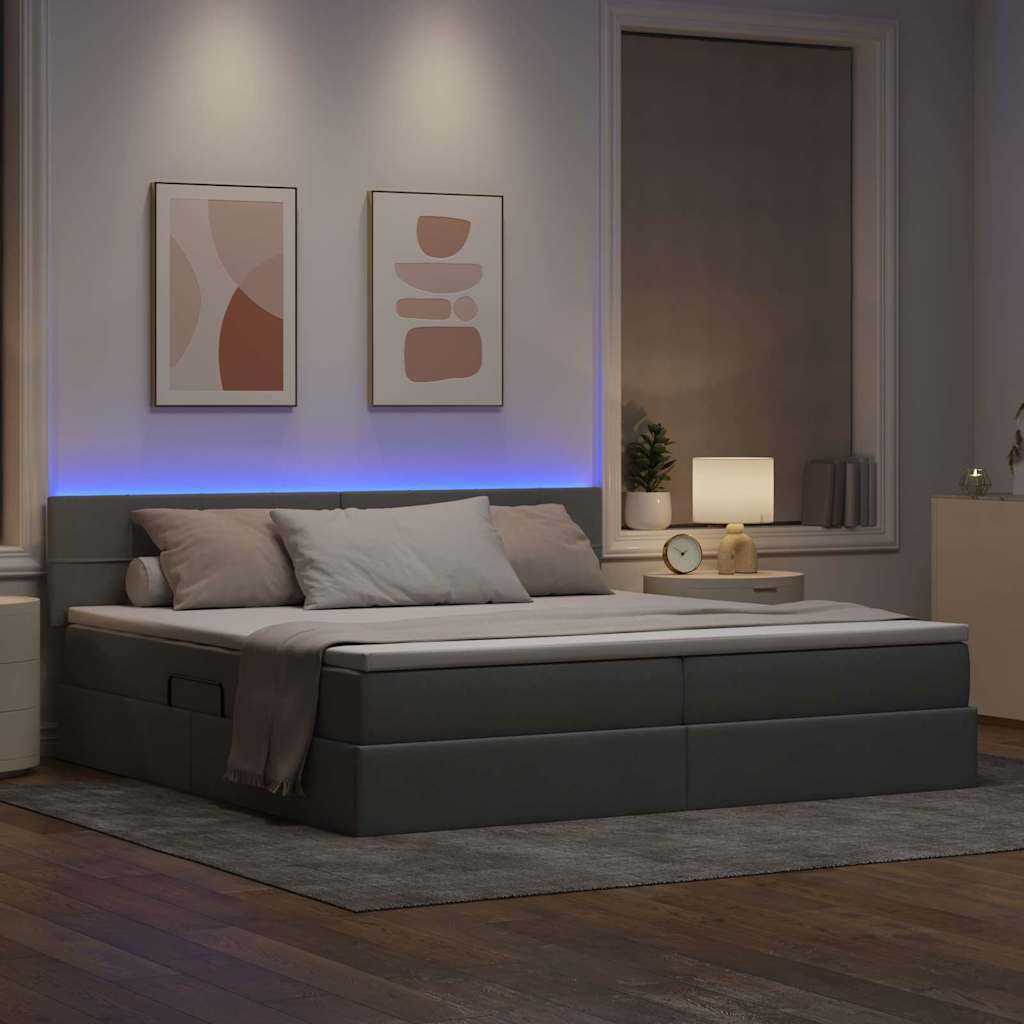 LED tárolós ágy matraccal Világosszürke 200 x 200 cm Szövet