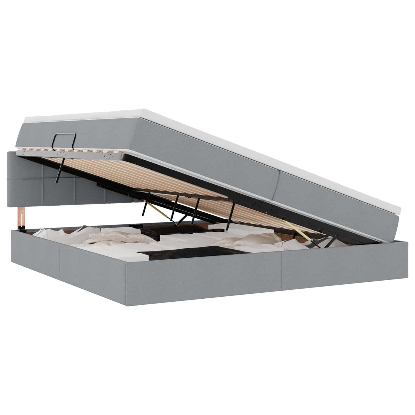 LED tárolós ágy matraccal Világosszürke 200 x 200 cm Szövet