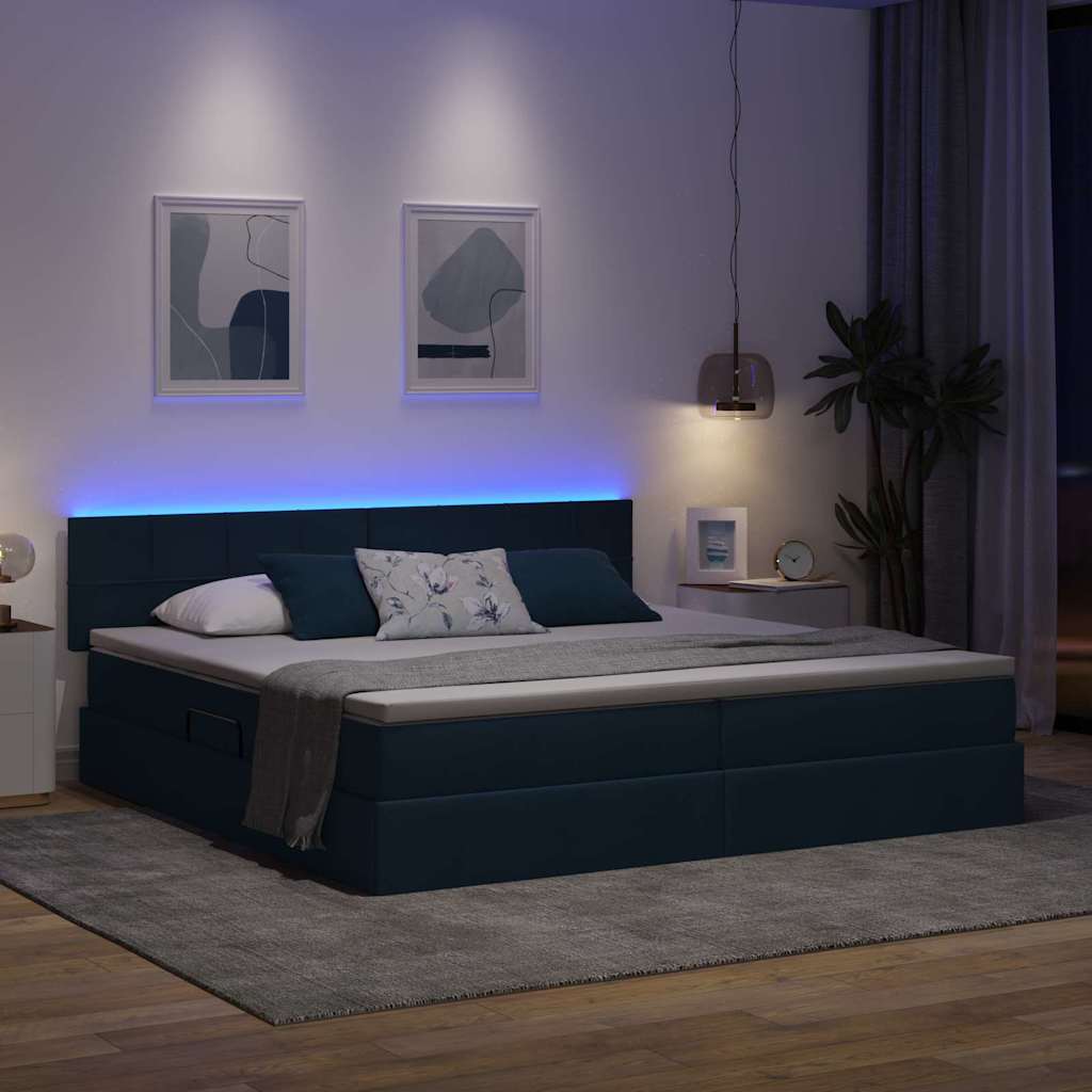 LED tárolós ágy matraccal Kék 200 x 200 cm Szövet