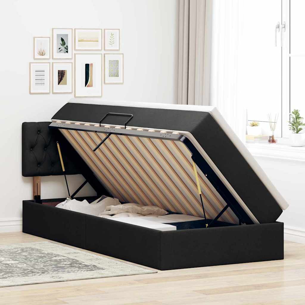 LED tárolós ágy matraccal Fekete 90 x 190 cm Szövet
