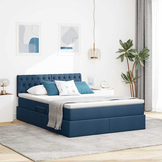 LED tárolós ágy matraccal Kék 140 x 190 cm Szövet
