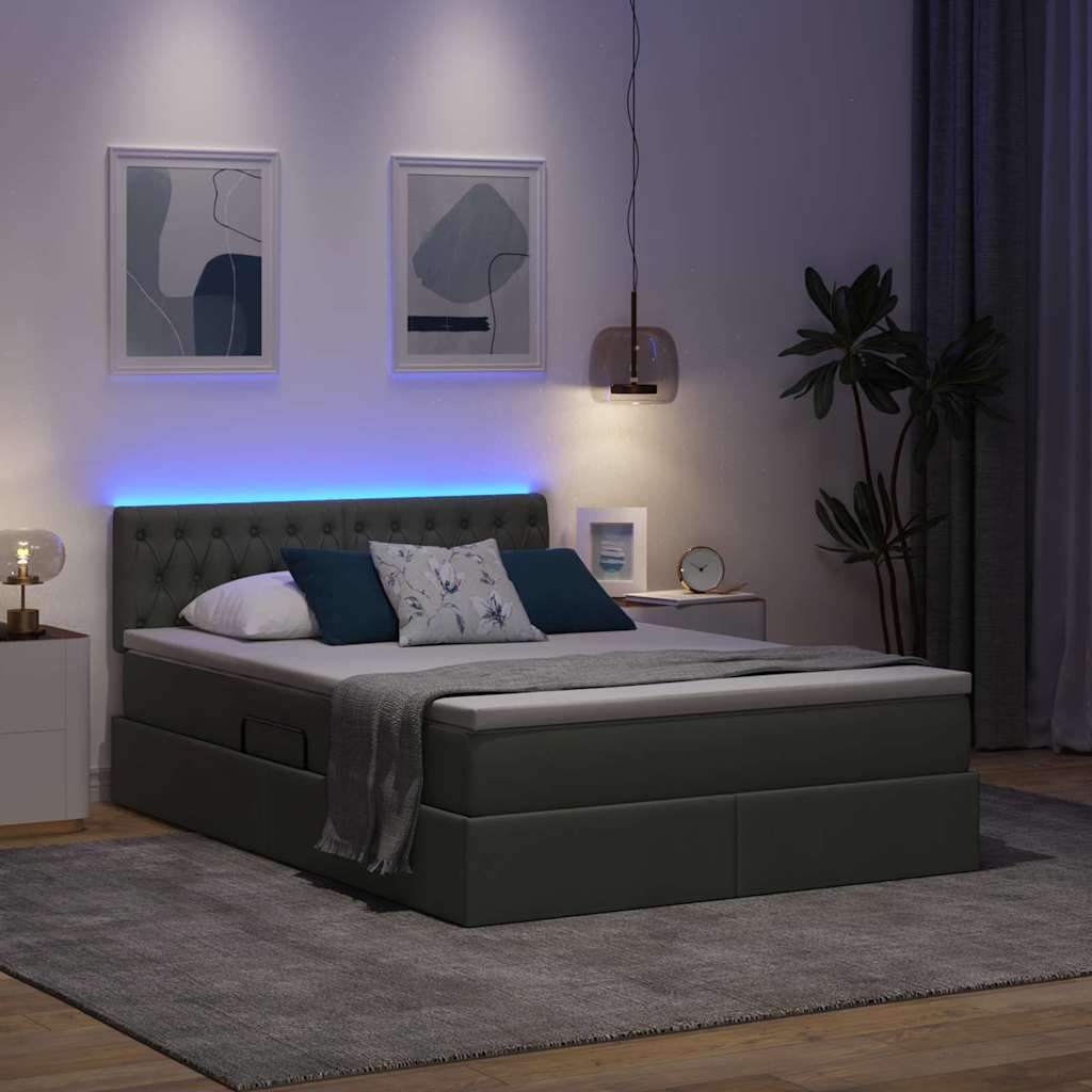 LED tárolós ágy matraccal Sötétszürke 140 x 200 cm Szövet