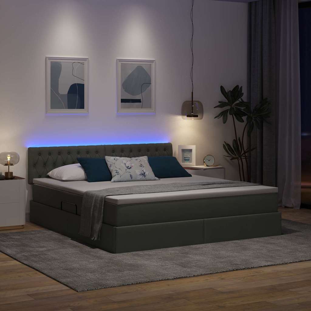 LED tárolós ágy matraccal Sötétszürke 180 x 200 cm Szövet