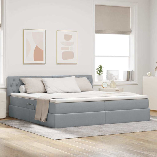 LED tárolós ágy matraccal Világosszürke 200 x 200 cm Szövet