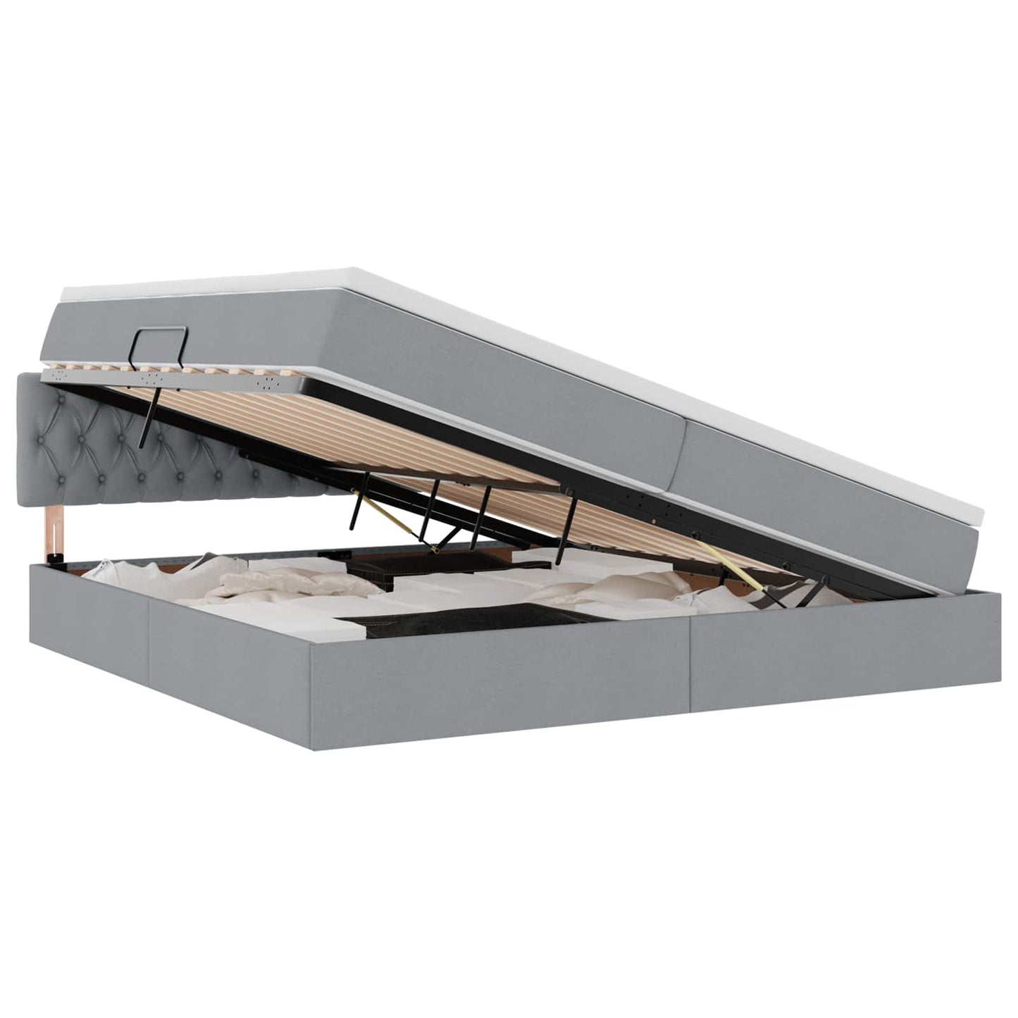 LED tárolós ágy matraccal Világosszürke 200 x 200 cm Szövet