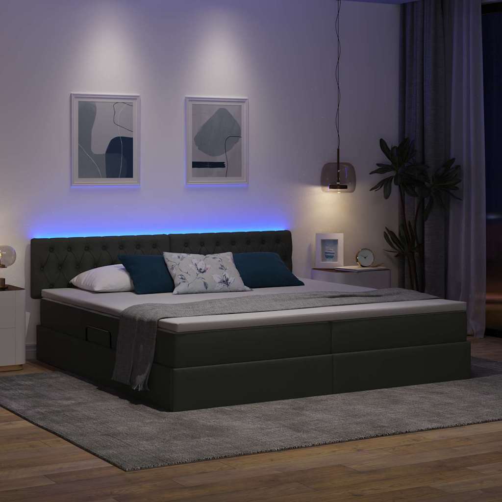 LED tárolós ágy matraccal Sötétszürke 200 x 200 cm Szövet