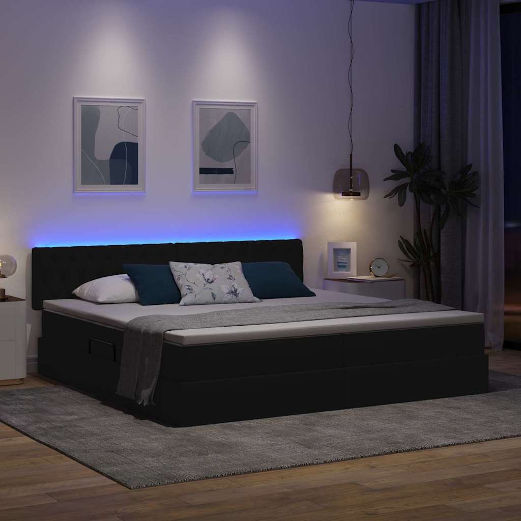 LED tárolós ágy matraccal Fekete 200 x 200 cm Szövet