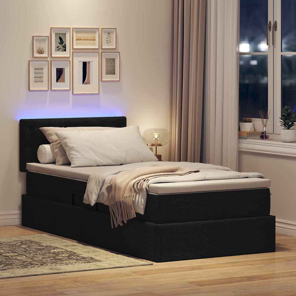 LED tárolós ágy matraccal Fekete 90 x 200 cm Szövet