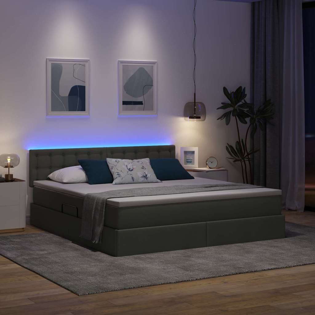 LED tárolós ágy matraccal Sötétszürke 180 x 200 cm Szövet