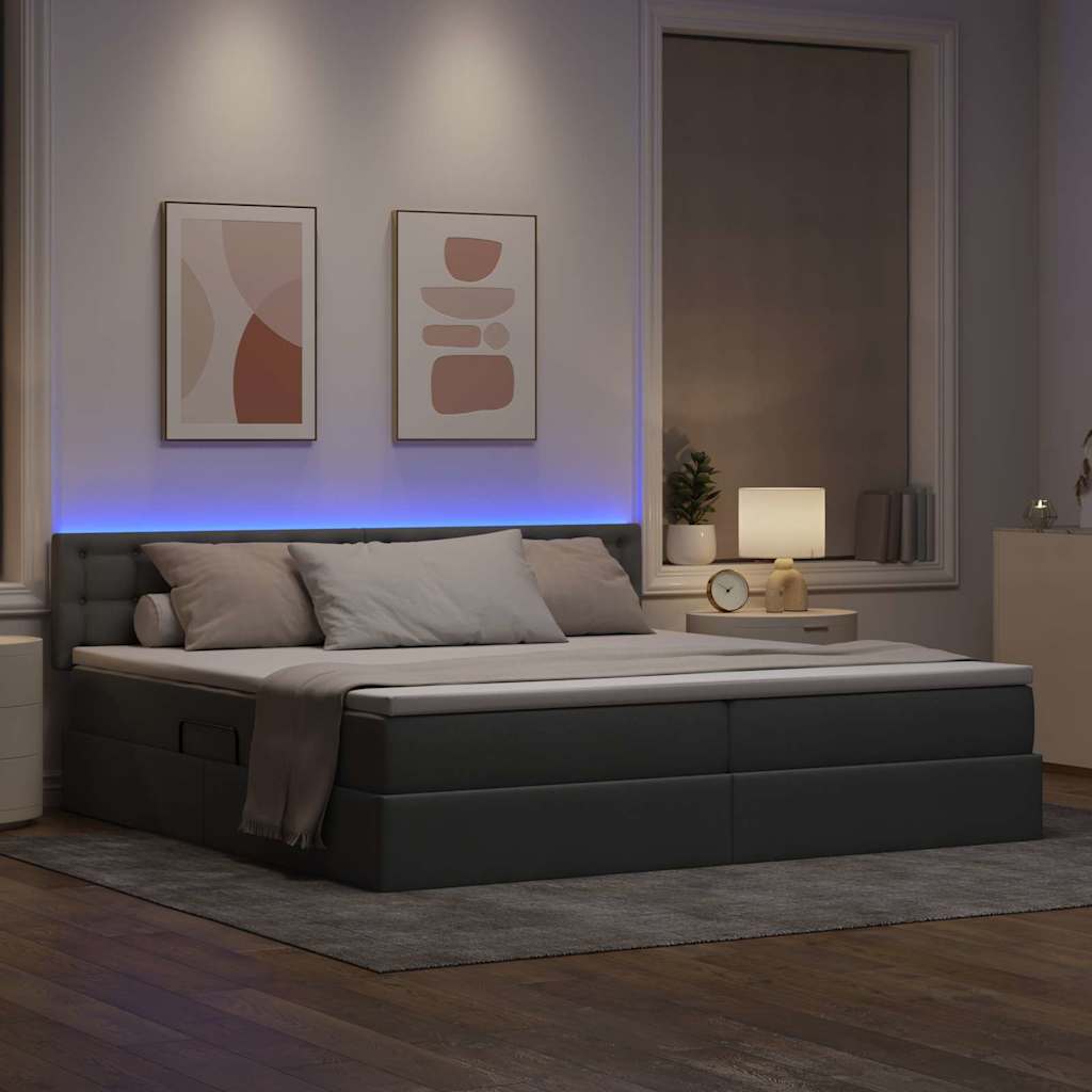 LED tárolós ágy matraccal Világosszürke 200 x 200 cm Szövet