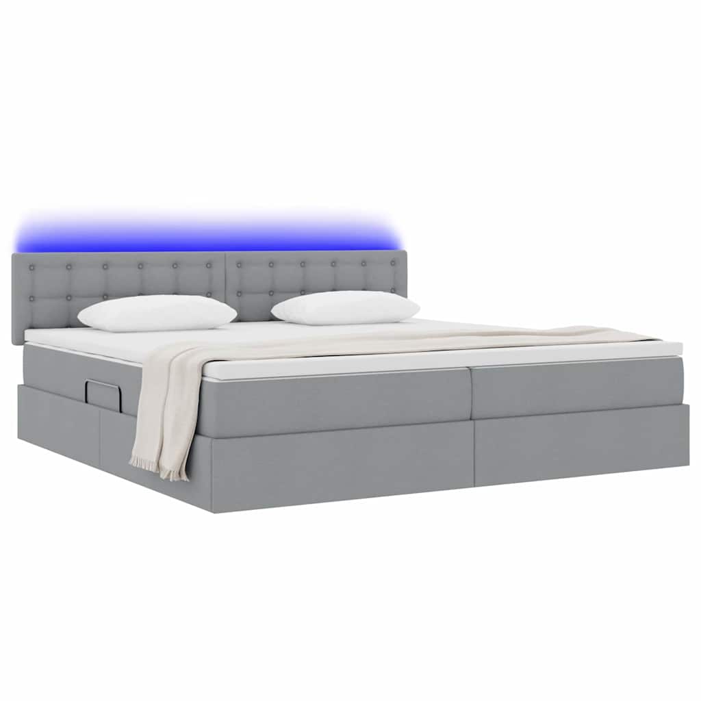 LED tárolós ágy matraccal Világosszürke 200 x 200 cm Szövet