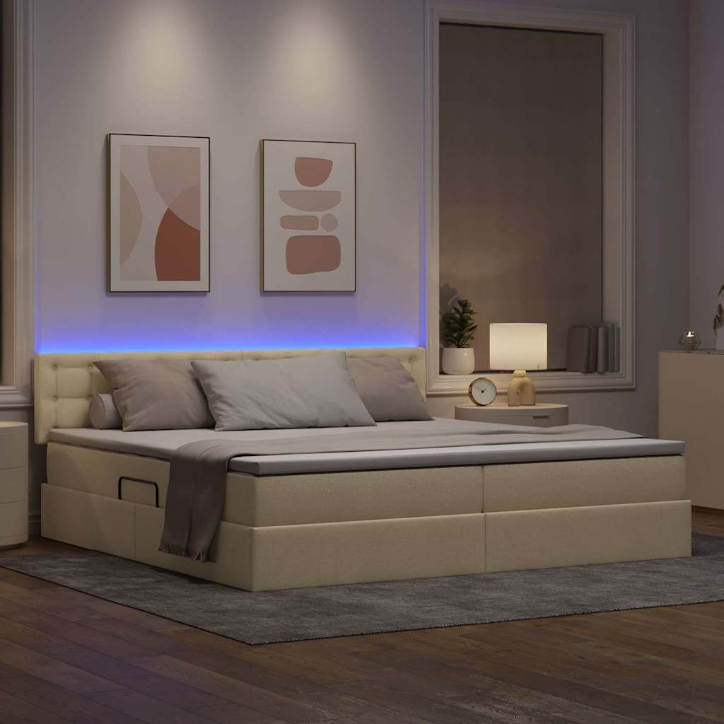 LED tárolós ágy matraccal Krém 200 x 200 cm Szövet