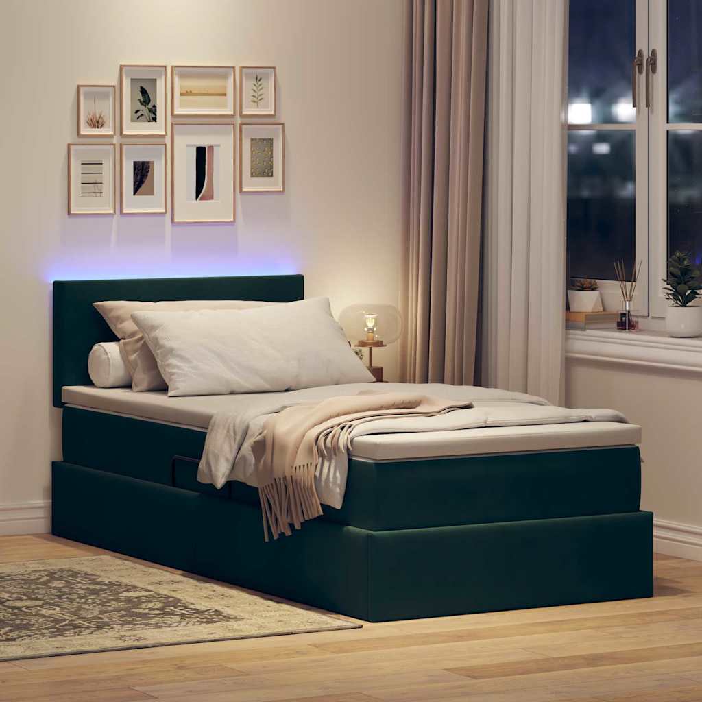LED tárolós ágy matraccal Sötétzöld 90 x 190 cm Bársony