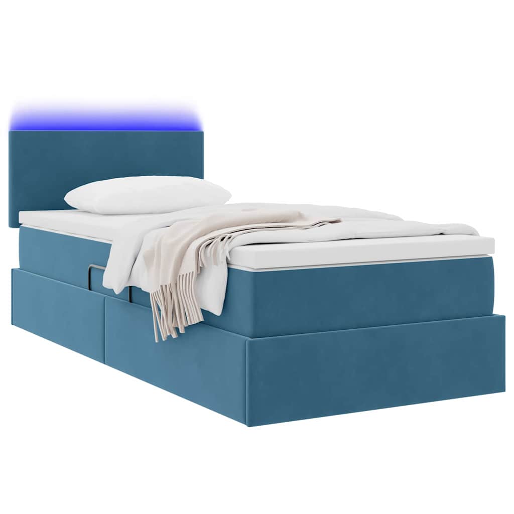 LED tárolós ágy matraccal Sötét kék 90 x 190 cm Bársony