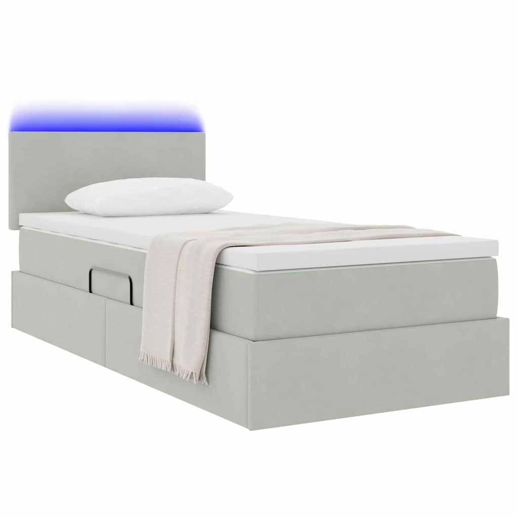 LED tárolós ágy matraccal Világosszürke 100 x 200 cm Bársony