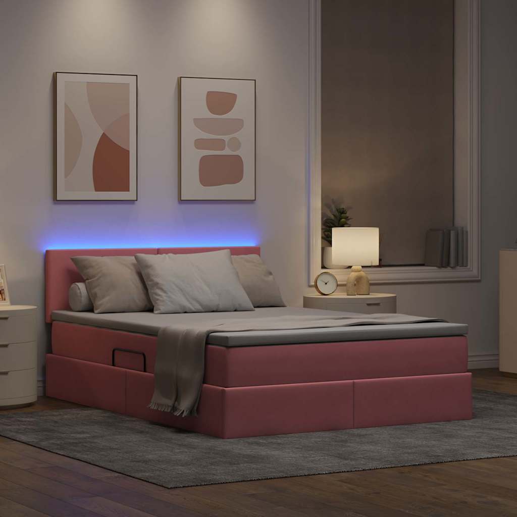 LED tárolós ágy matraccal Rózsaszín 140 x 190 cm Bársony