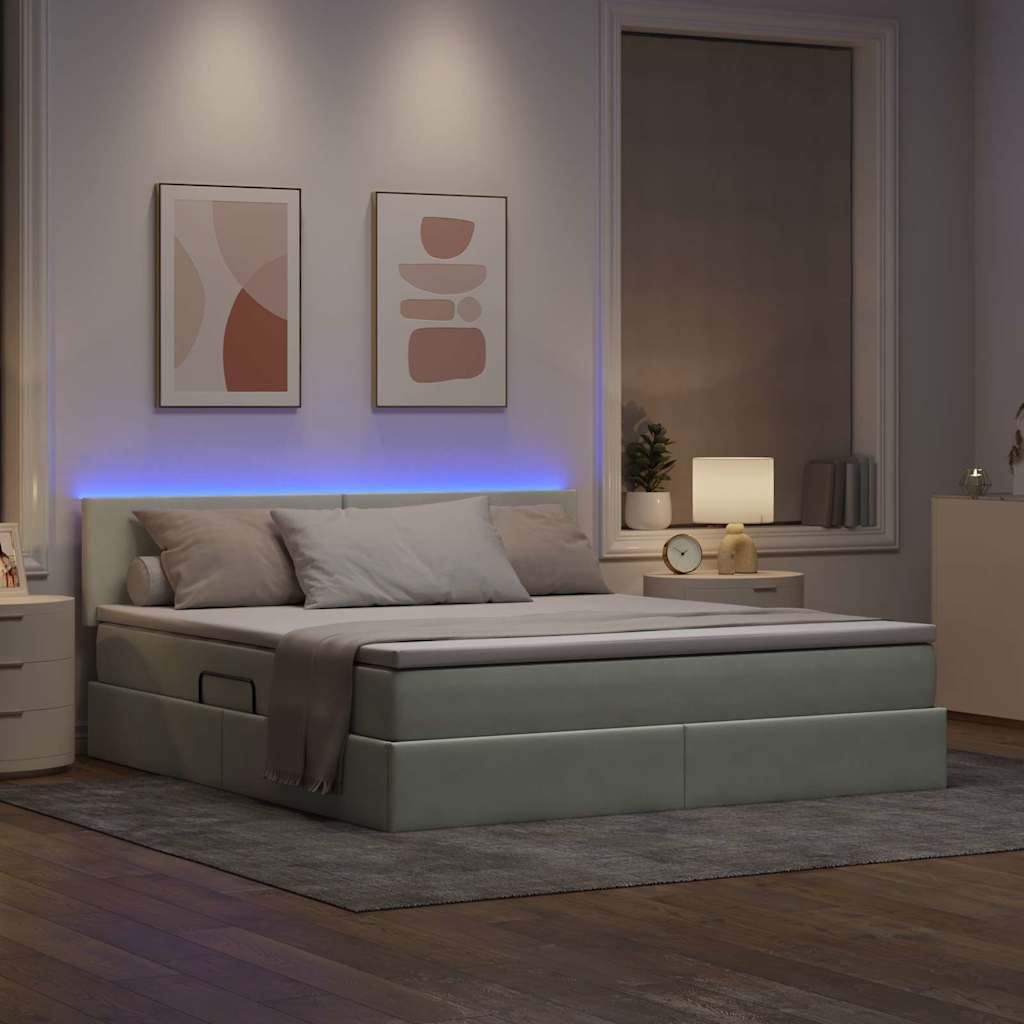 LED tárolós ágy matraccal Világosszürke 160 x 200 cm Bársony