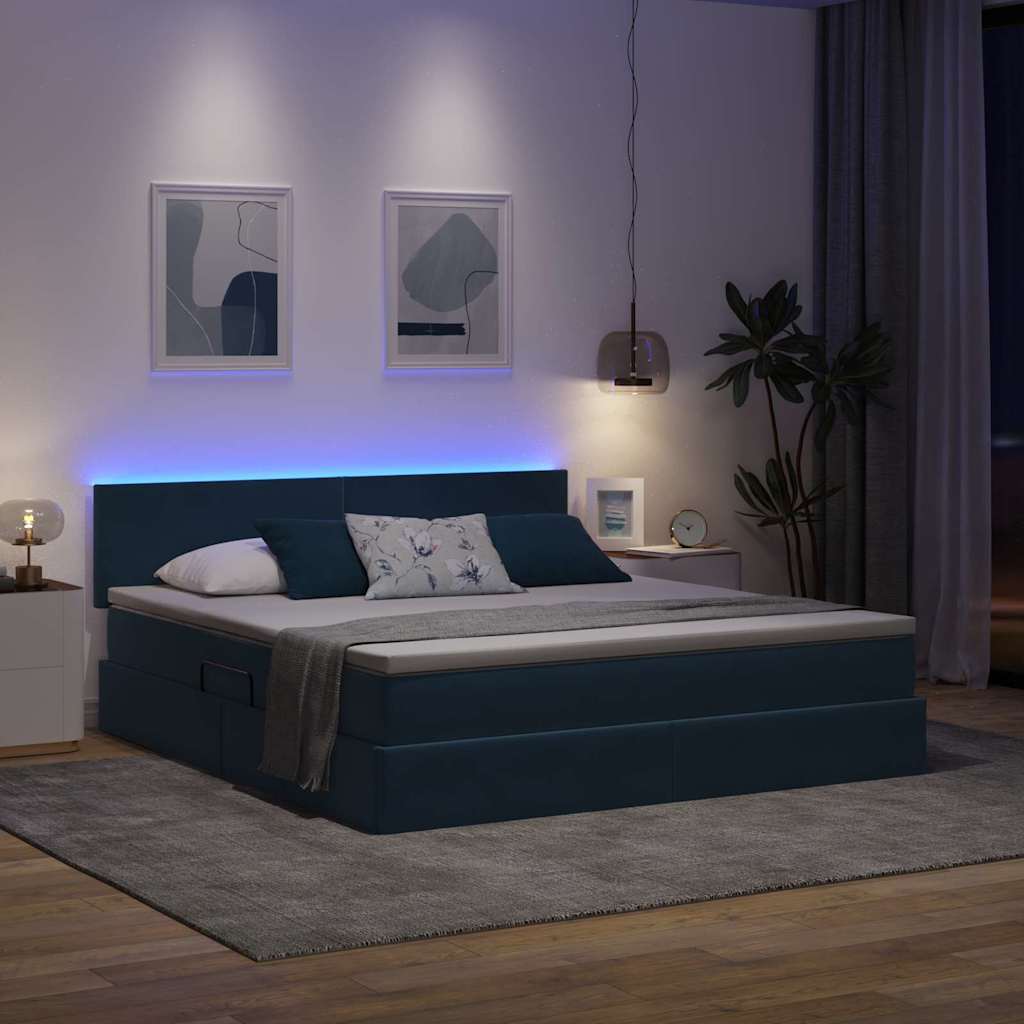 LED tárolós ágy matraccal Sötét kék 160 x 200 cm Bársony
