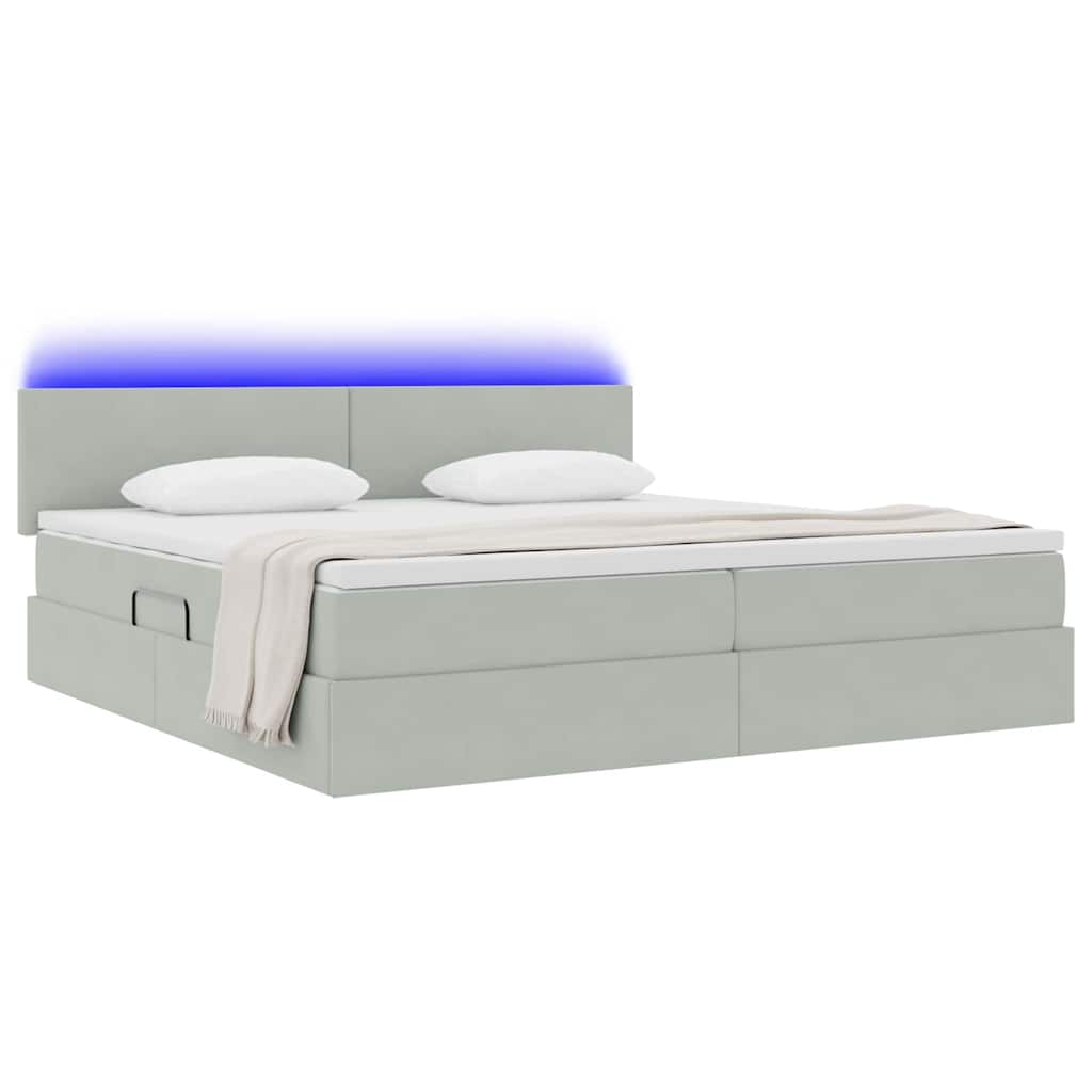 LED tárolós ágy matraccal Világosszürke 200 x 200 cm Bársony