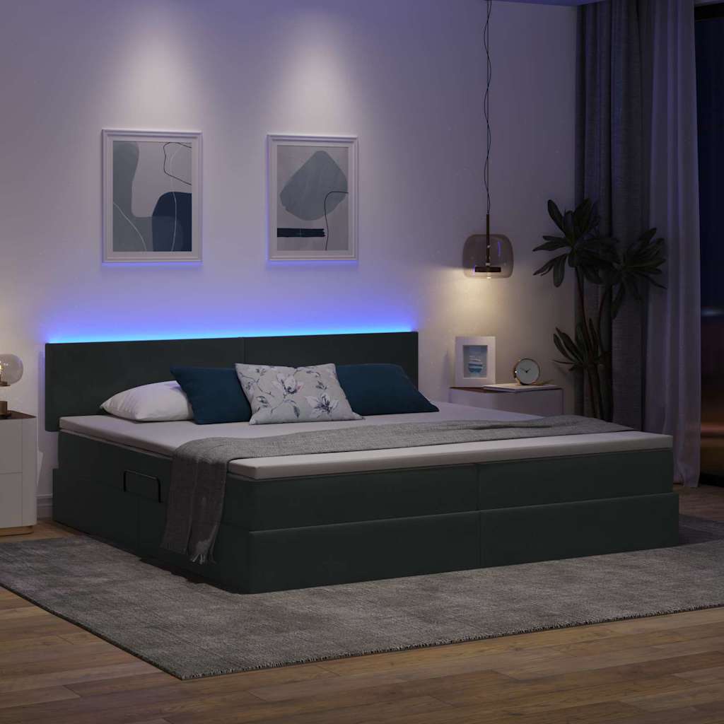 LED tárolós ágy matraccal Sötétszürke 200 x 200 cm Bársony