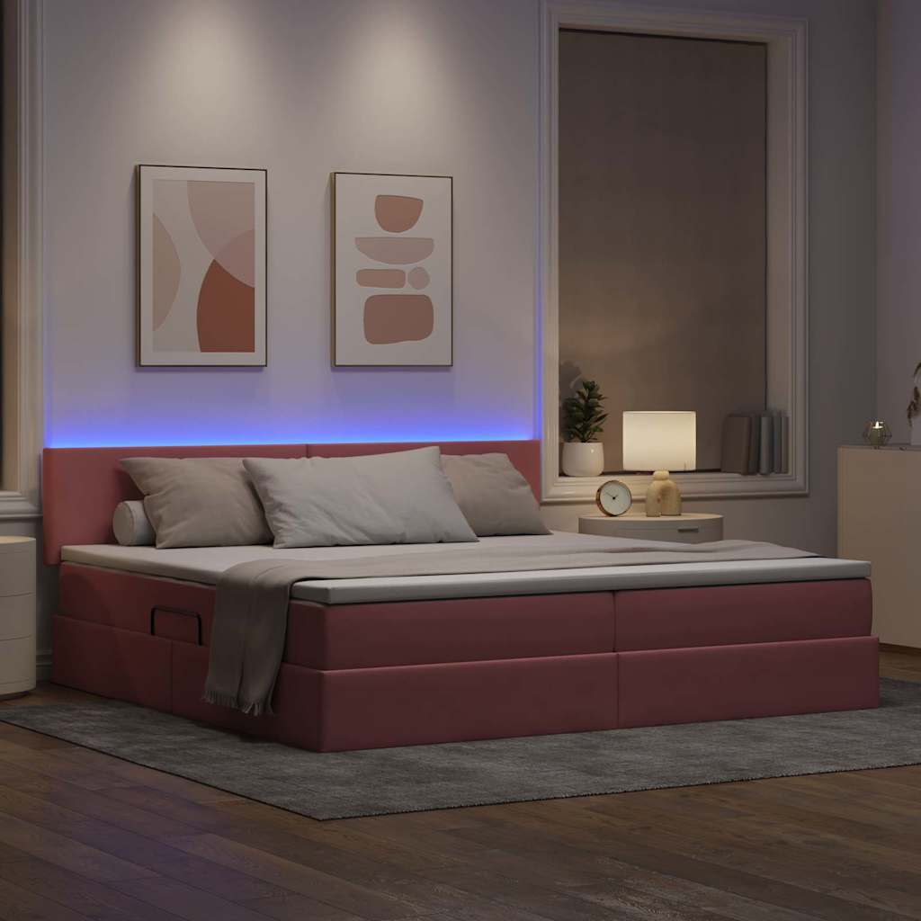 LED tárolós ágy matraccal Rózsaszín 200 x 200 cm Bársony