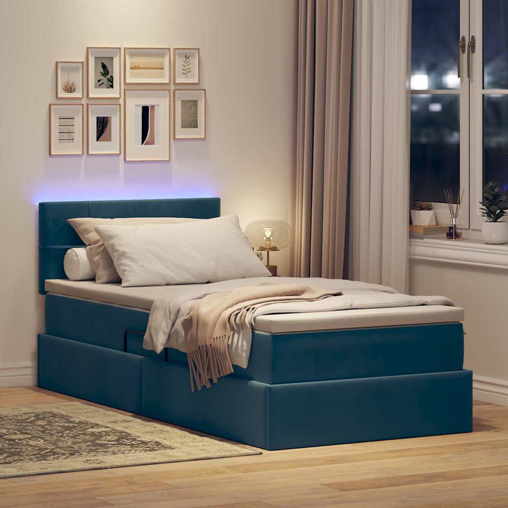 LED tárolós ágy matraccal Sötét kék 90 x 190 cm Bársony