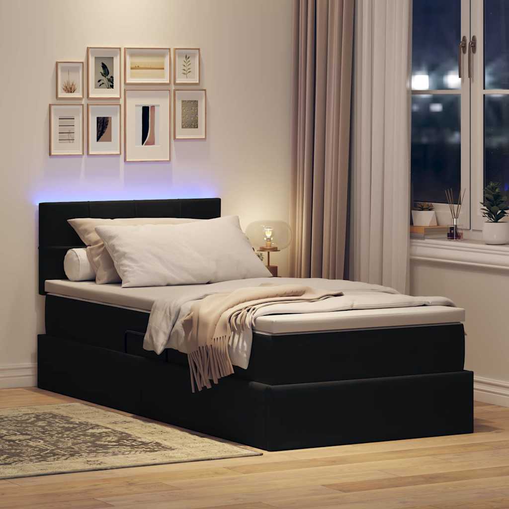 LED tárolós ágy matraccal Fekete 90 x 200 cm Bársony