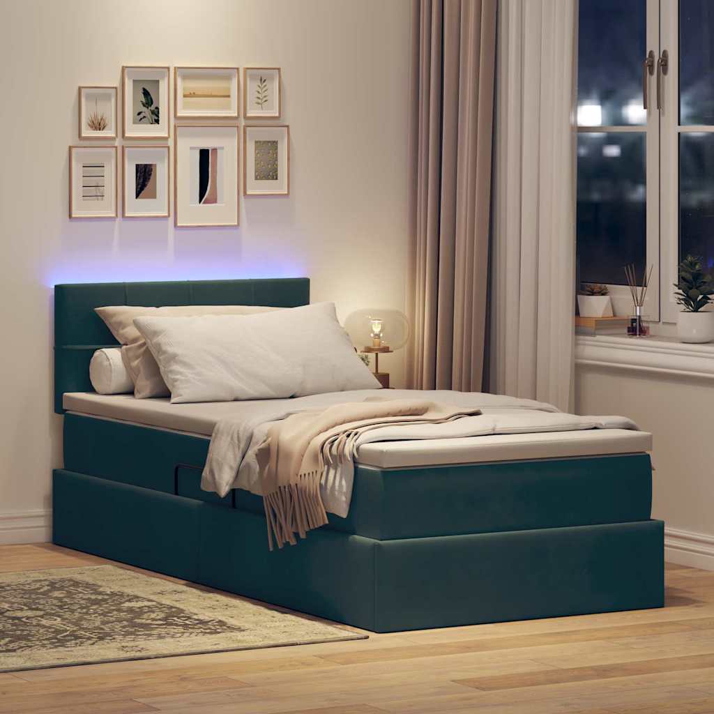 LED tárolós ágy matraccal Sötétzöld 90 x 200 cm Bársony