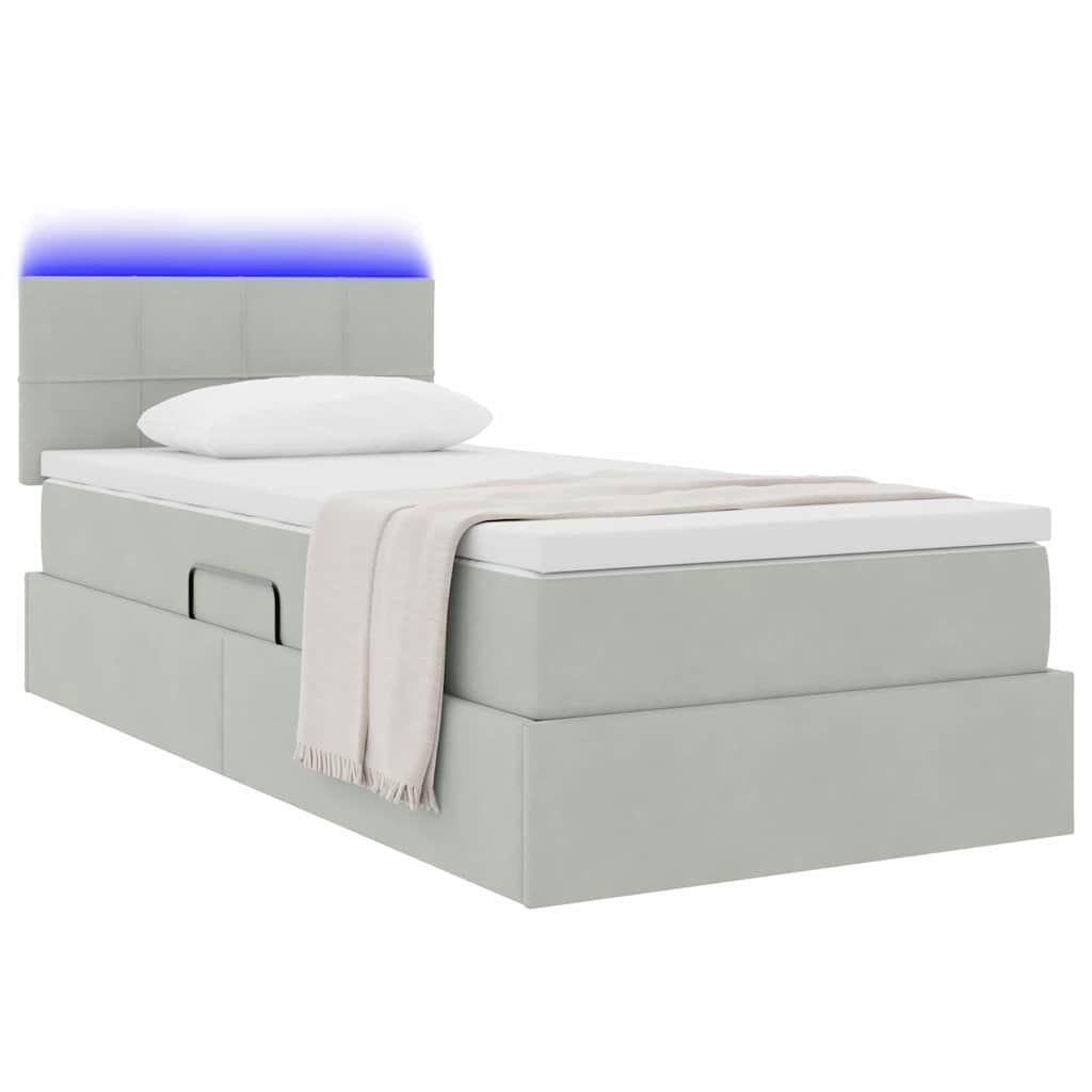 LED tárolós ágy matraccal Világosszürke 100 x 200 cm Bársony