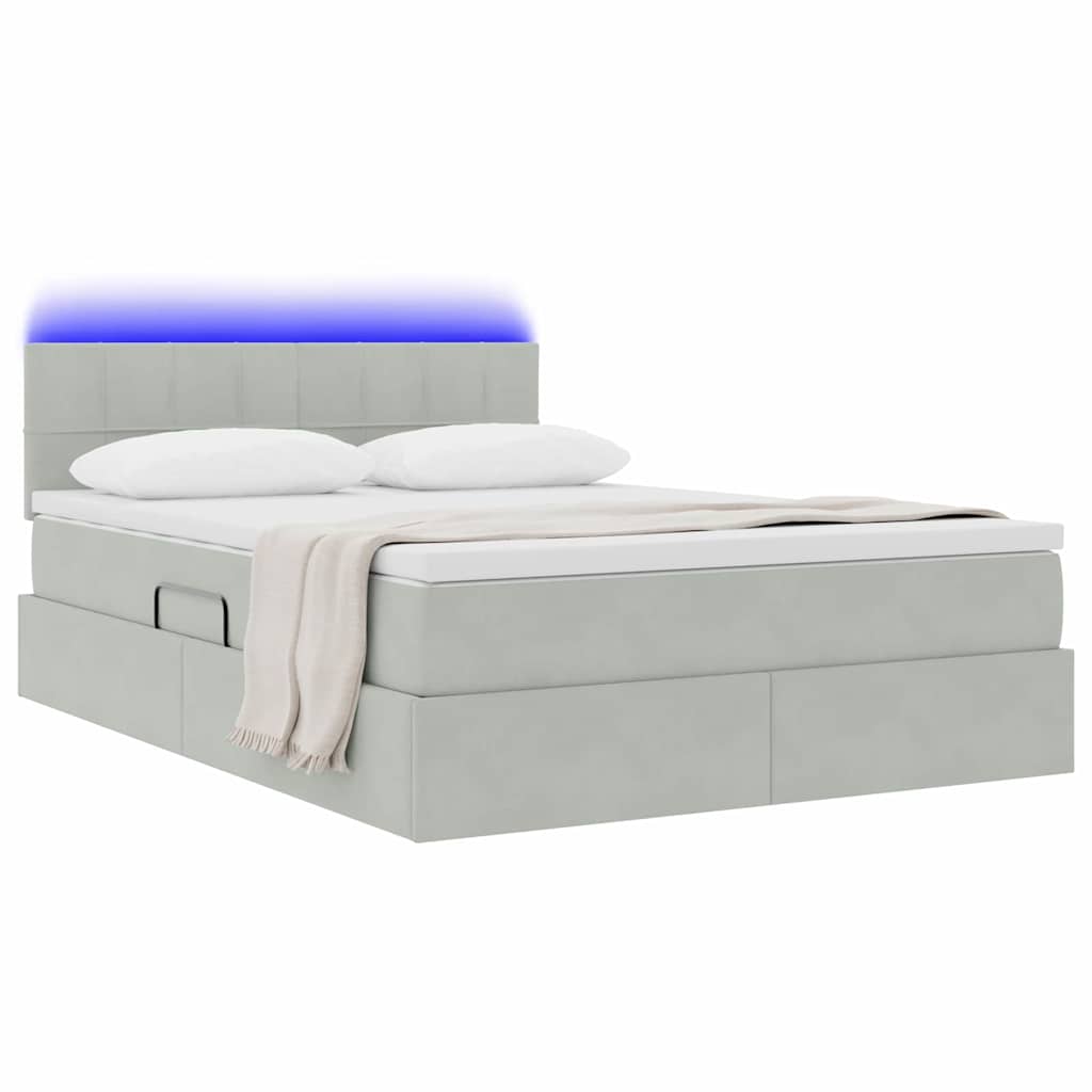 LED tárolós ágy matraccal Világosszürke 140 x 190 cm Bársony