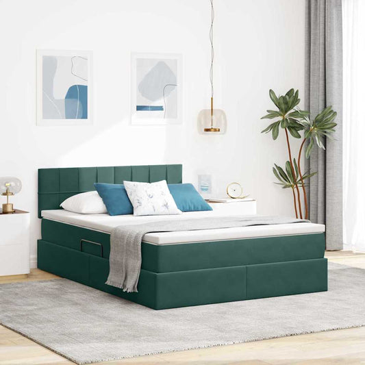 LED tárolós ágy matraccal Sötétzöld 140 x 190 cm Bársony